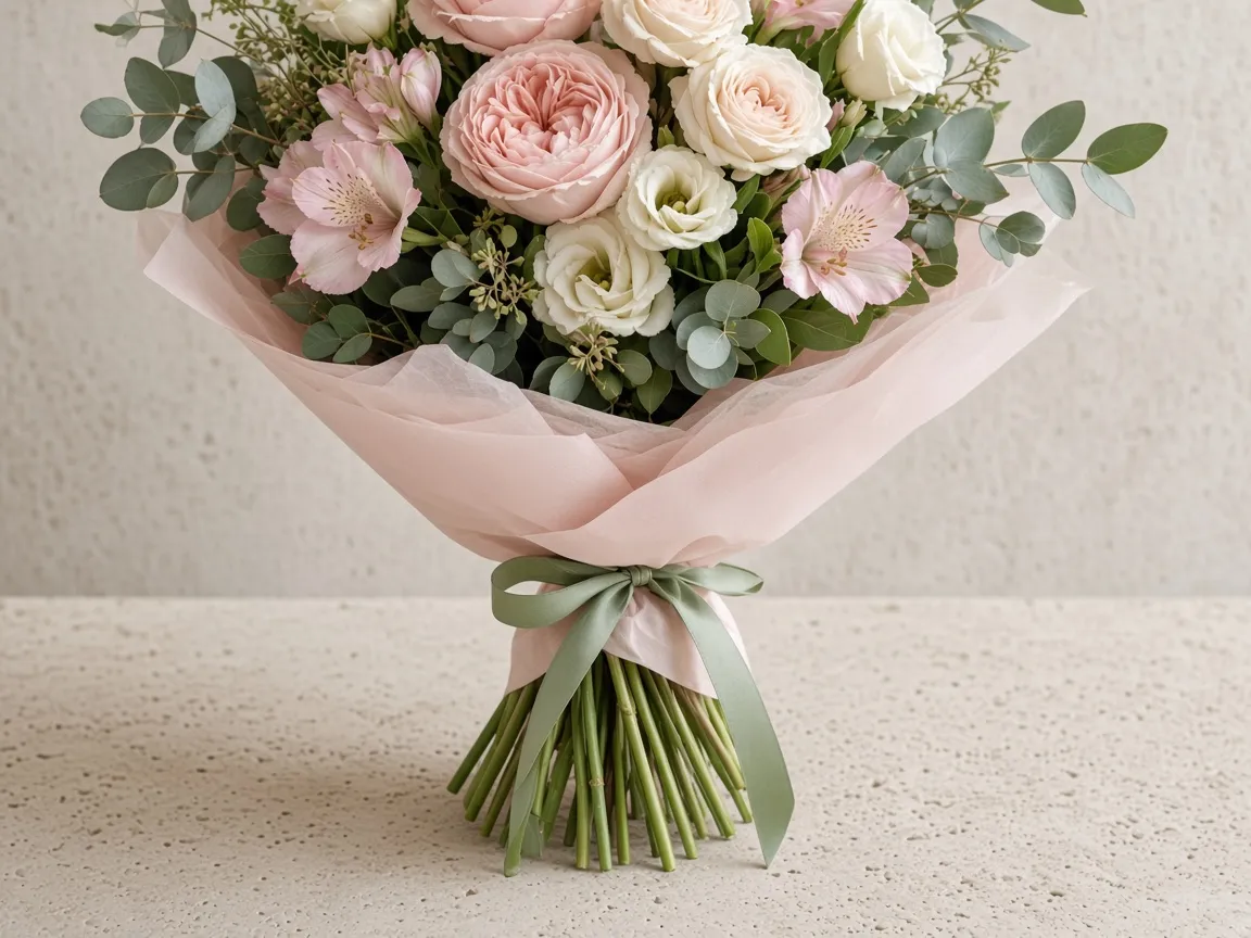 Canterbury Blush from the side, with the stems and sage ribbon.